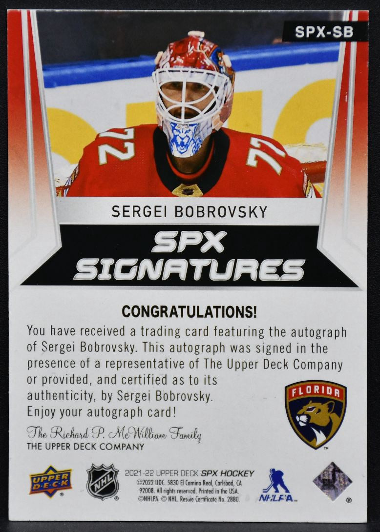 2021-22 SPx Signatures Sergei Bobrovsky SPX-SB Florida Panthers Auto 04/15 4276