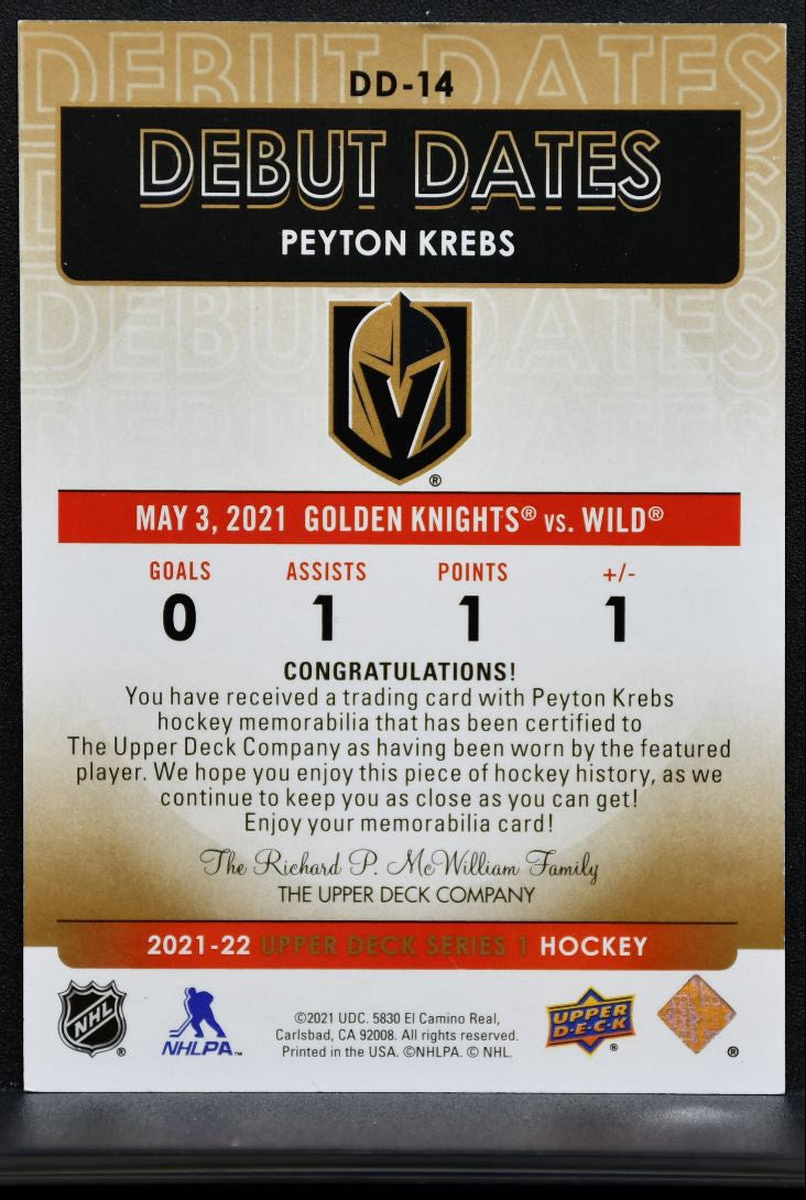 2021-22 Upper Deck Debut Dates Gold Peyton Krebs Golden Knights RC Jersey 0818