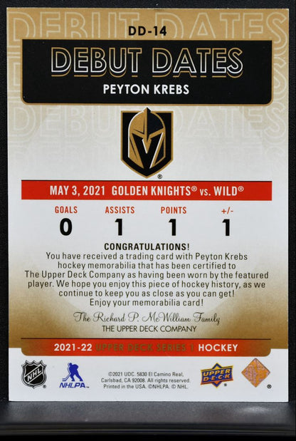 2021-22 Upper Deck Debut Dates Gold Peyton Krebs Golden Knights RC Jersey 0818