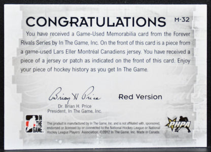 2012-13 In The Game Forever Rivals Used Jerseys Red Lars Eller Jersey 5272