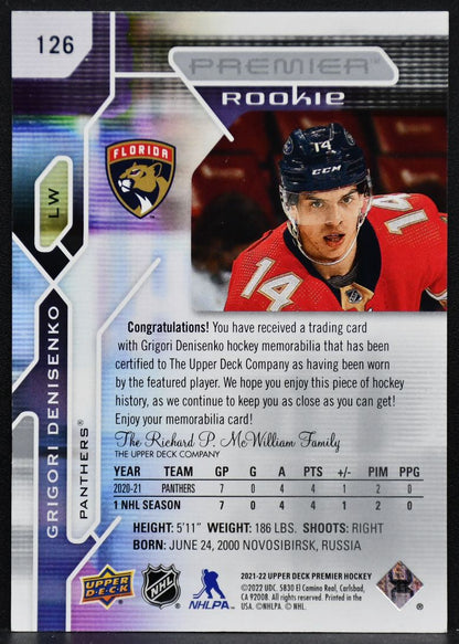 2021-22 UD Premier RC Jersey Grigori Denisenko 126 Florida Panthers RC Jersey 3354