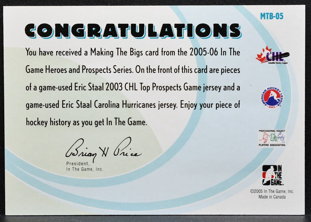 2005-06 ITG Heroes and Prospects Making the Bigs Eric Staal Jersey 1120