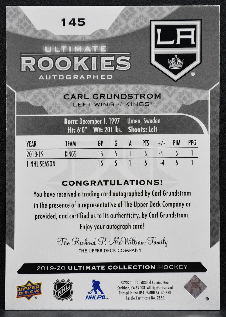 2019-20 UD Ultimate Collection Rookies Auto Carl Grundstrom RC Auto 261/299 1861