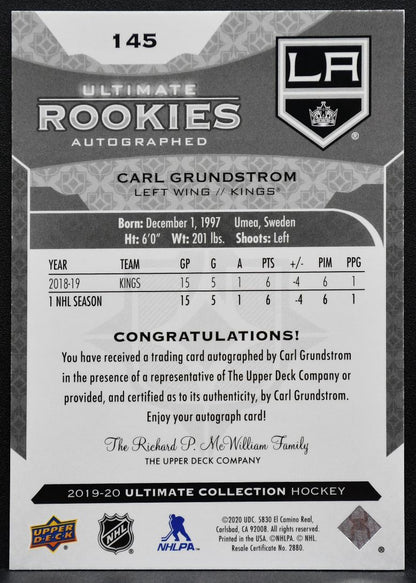 2019-20 UD Ultimate Collection Rookies Auto Carl Grundstrom RC Auto 261/299 1861
