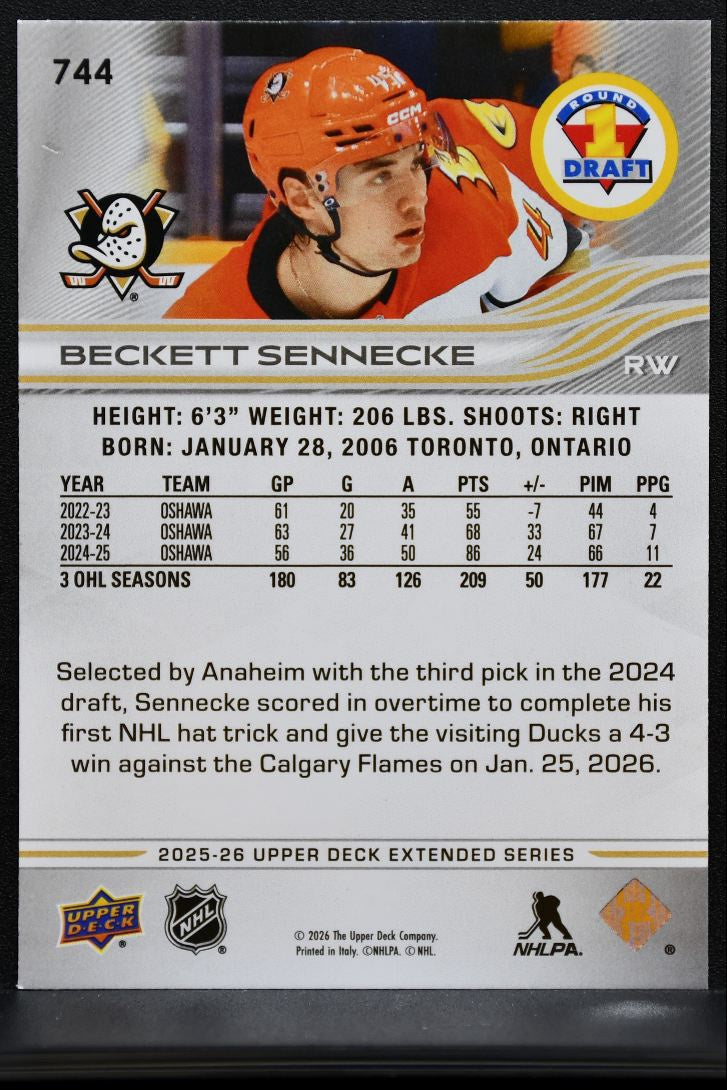 2025-26 UD Extended Series Round 1 Draft Beckett Sennecke Anaheim Ducks RC 7450