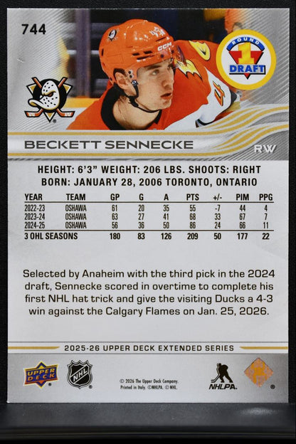2025-26 UD Extended Series Round 1 Draft Beckett Sennecke Anaheim Ducks RC 7450