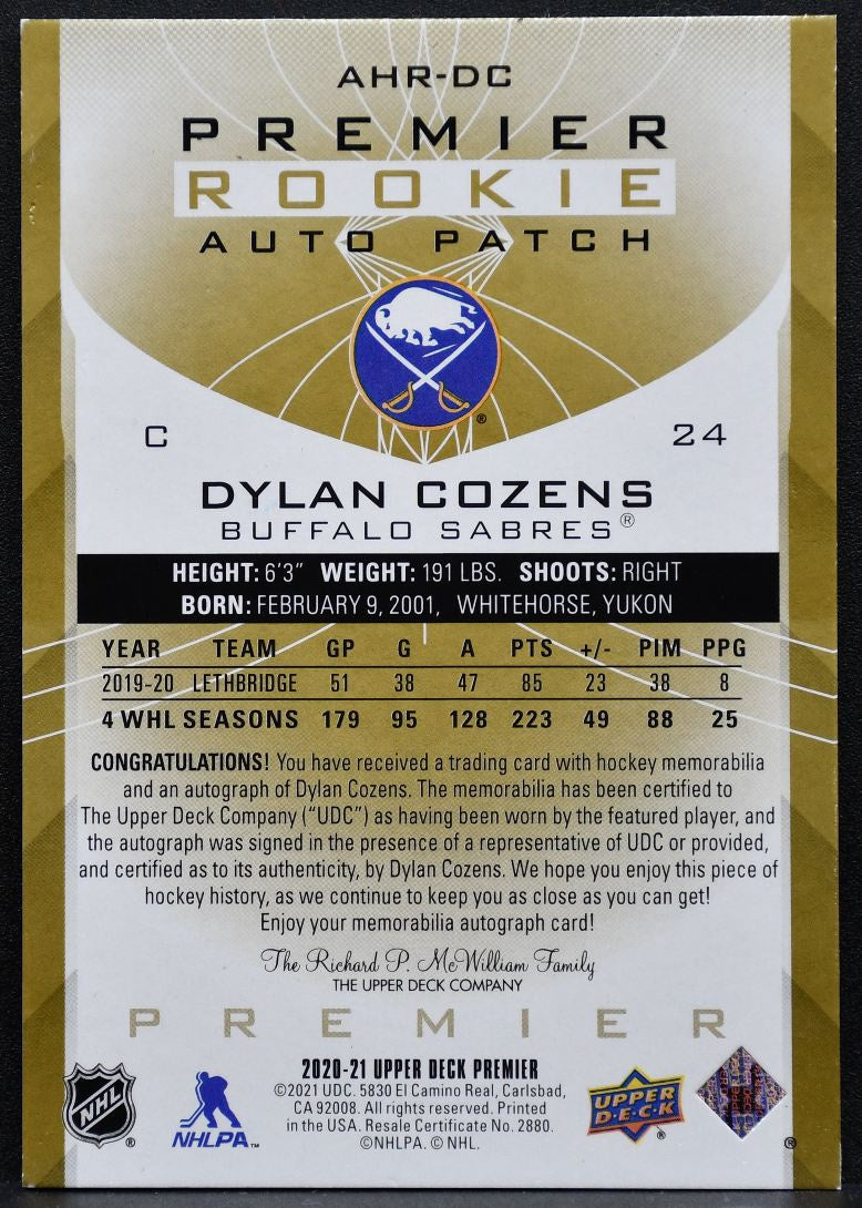 2020-21 UD Premier Acetate Horizontal Gold Cozens RC Auto 11/15 Patch 5975