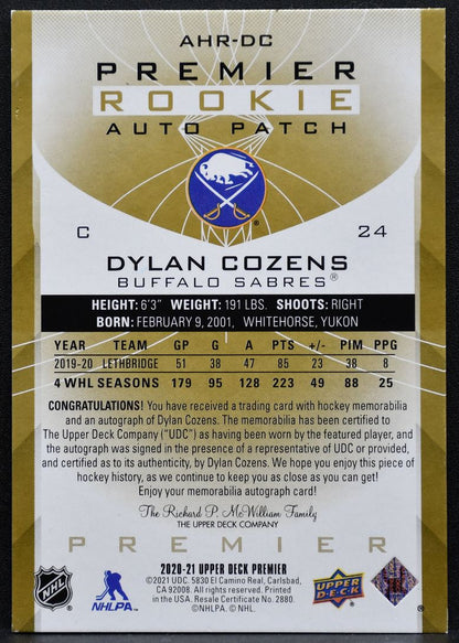 2020-21 UD Premier Acetate Horizontal Gold Cozens RC Auto 11/15 Patch 5975
