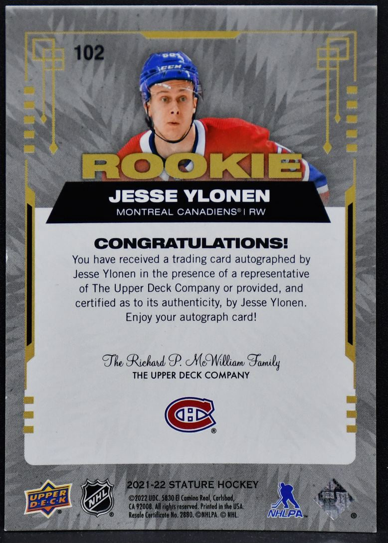 2021-22 UD Stature Rookie Auto Jesse Ylonen 102 Canadiens RC Auto 173/199