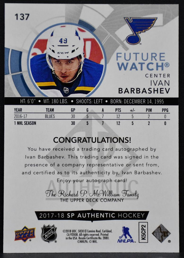 2017-18 SP Authentic Future Watch Auto Ivan Barbashev 137 RC Auto 767/999 1135
