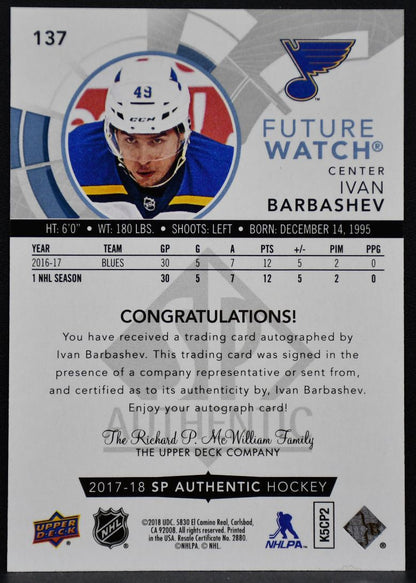2017-18 SP Authentic Future Watch Auto Ivan Barbashev 137 RC Auto 767/999 1135