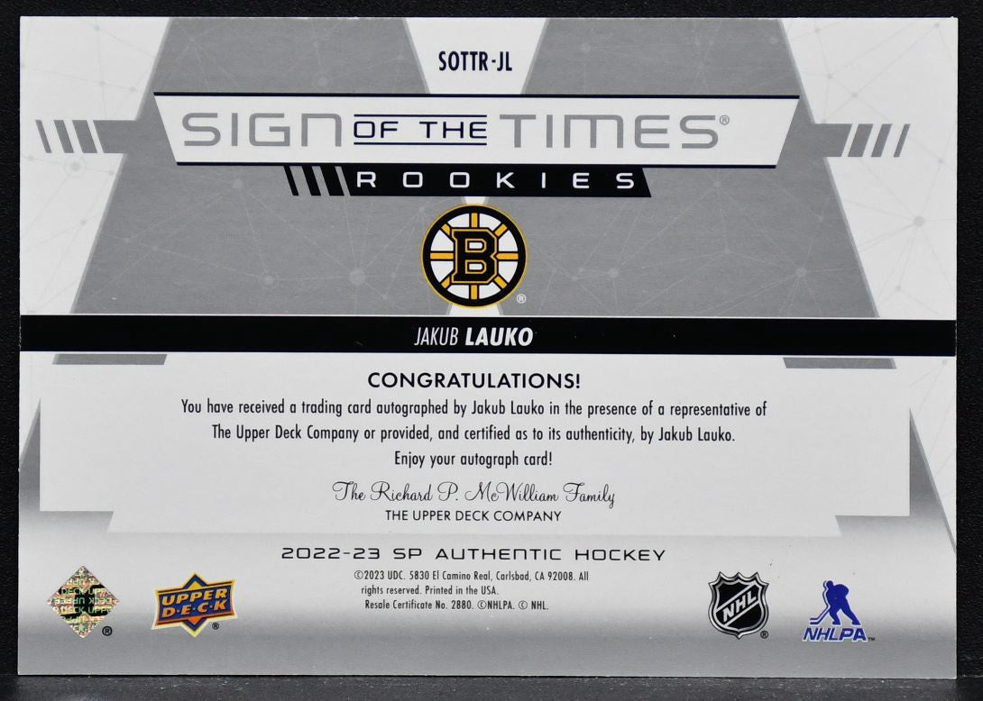 2022-23 SP Authentic Sign of the Times Rookies Jakub Lauko SOTTR-JL  RC Auto