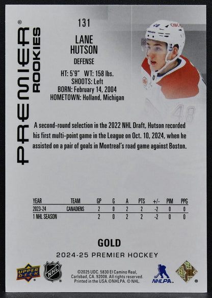 2024-25 UD Premier Rookies Gold Lane Hutson 131 Montreal Canadiens RC 195/199 8427