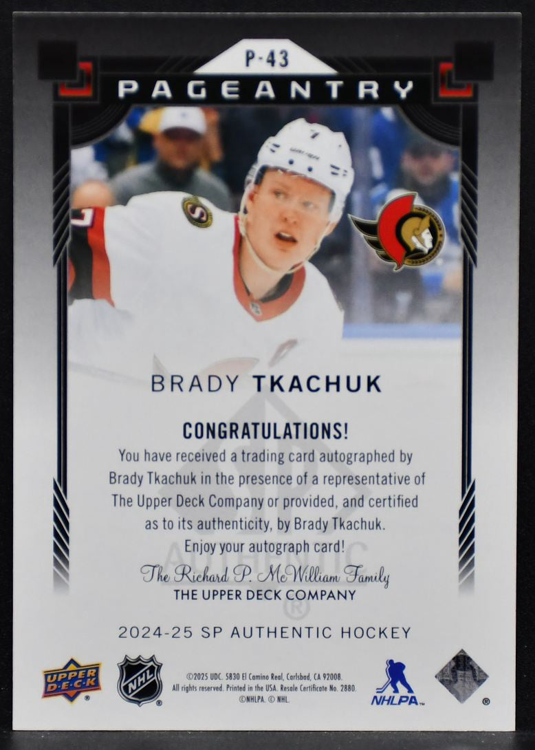 2024-25 SP Authentic Pageantry Auto Brady Tkachuk P-43 Ottawa Senators Auto