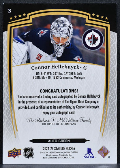 2024-25 Upper Deck Stature Auto Green Connor Hellebuyck 3 Jets Auto 008/199 8129