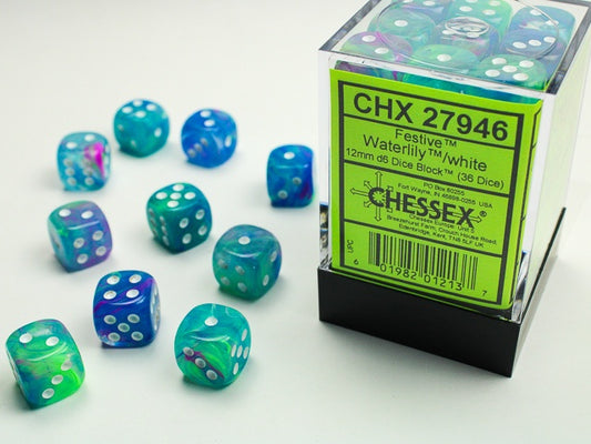 Festive 36 * D6 Waterlily / White 12mm Chessex Dice (CHX27946)