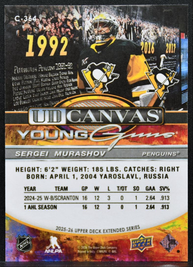 2025-26 UD Extended Series UD Canvas Young Guns Sergei Murashov Penguins RC 8693