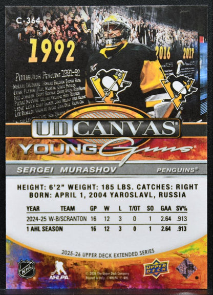 2025-26 UD Extended Series UD Canvas Young Guns Sergei Murashov Penguins RC 8693