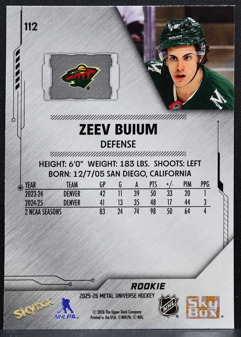 2025-26 SkyBox Metal Universe Rookie Zeev Buium 112 Minnesota Wild RC 1921