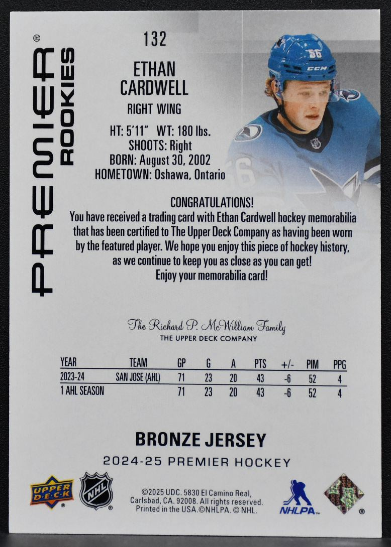 2024-25 UD Premier RC Bronze Jersey Ethan Cardwell 132 San Jose Sharks RC Jersey 7888