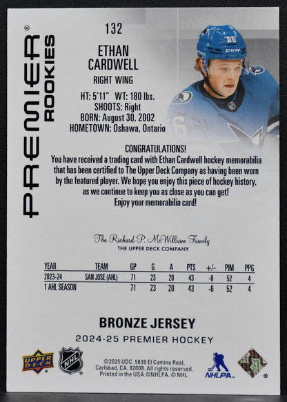 2024-25 UD Premier RC Bronze Jersey Ethan Cardwell 132 San Jose Sharks RC Jersey 7888