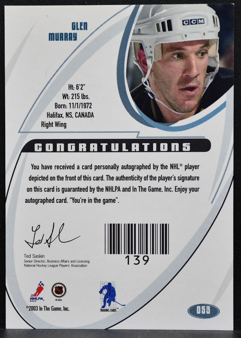 2002-03 In The Game Signature Glen Murray 053 Boston Bruins Auto 0118