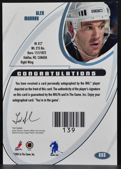 2002-03 In The Game Signature Glen Murray 053 Boston Bruins Auto 0118