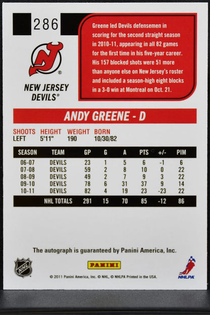 2011-12 Panini Score Signatures Andy Greene 286 New Jersey Devils Auto 1516