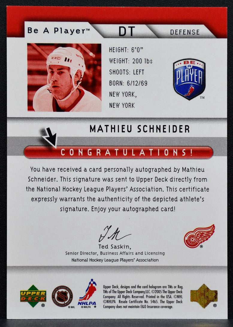 2005-06 Upper Deck Be a Player Signatures Mathieu Schneider Red Wings Auto 8940