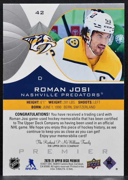 2020-21 Upper Deck Premier Jersey Roman Josi 42 Nashville Predators Jersey 3865