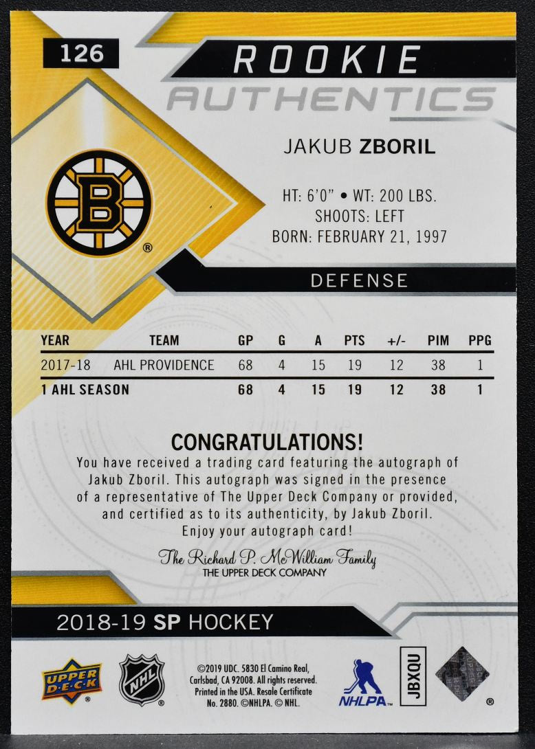 2018-19 SP Rookie Authentics Auto Jakub Zboril 126 Boston Bruins RC Auto 7566