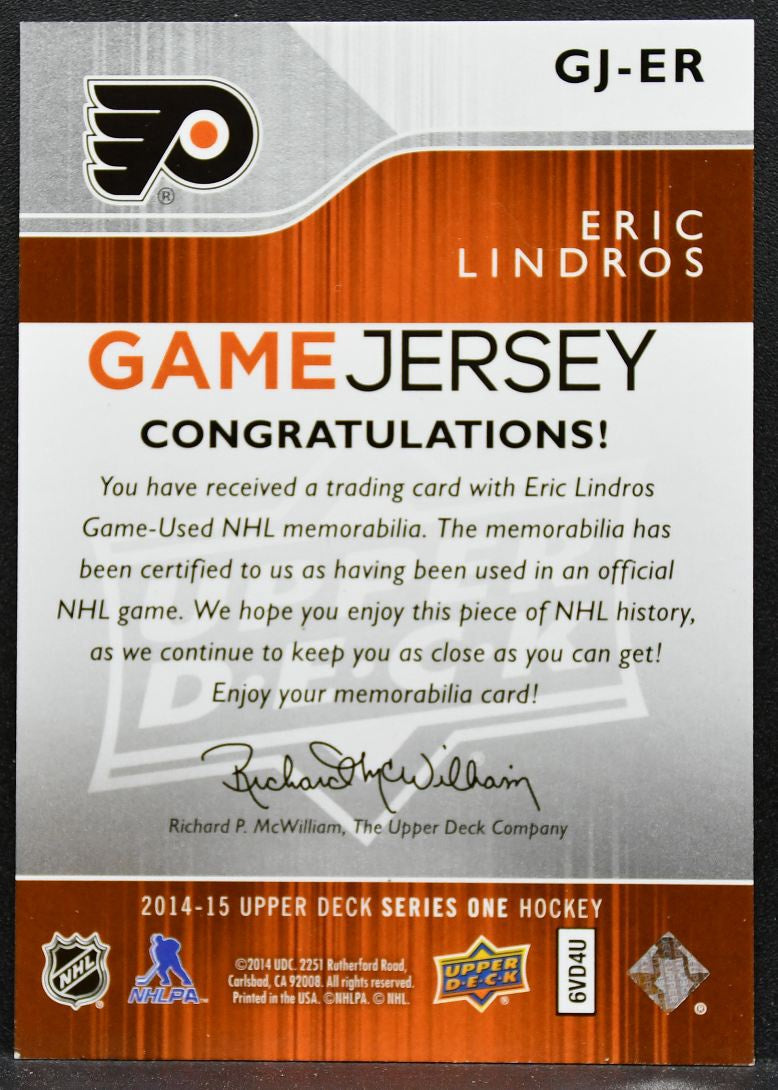 2014-15 Upper Deck Series 1 Game Jerseys Eric Lindros GJ-ER Flyers Jersey 9479