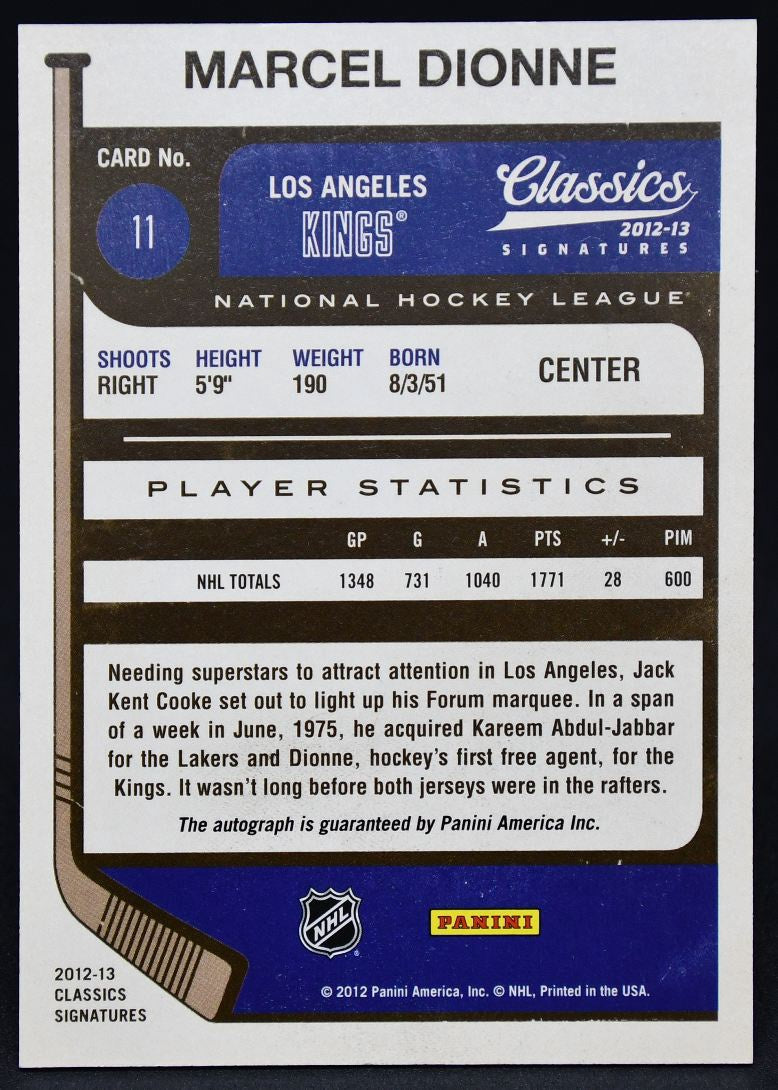 2012-13 Panini Classics Signatures Marcel Dionne 11 Auto