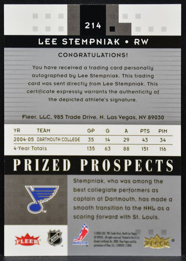 2005-06 Fleer Hot Prospects Prized Stempniak Blues RC Auto 935/999 6160