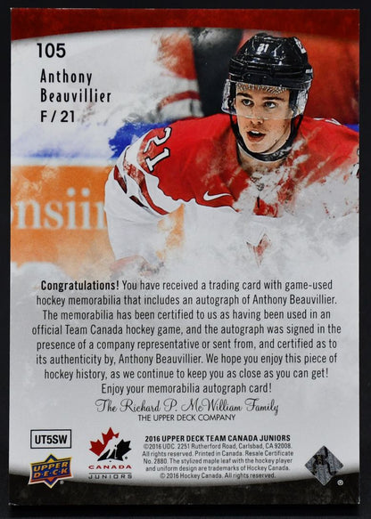 2016-17 UD Team Canada Juniors Auto Patch Anthony Beauvillier 105 116/125