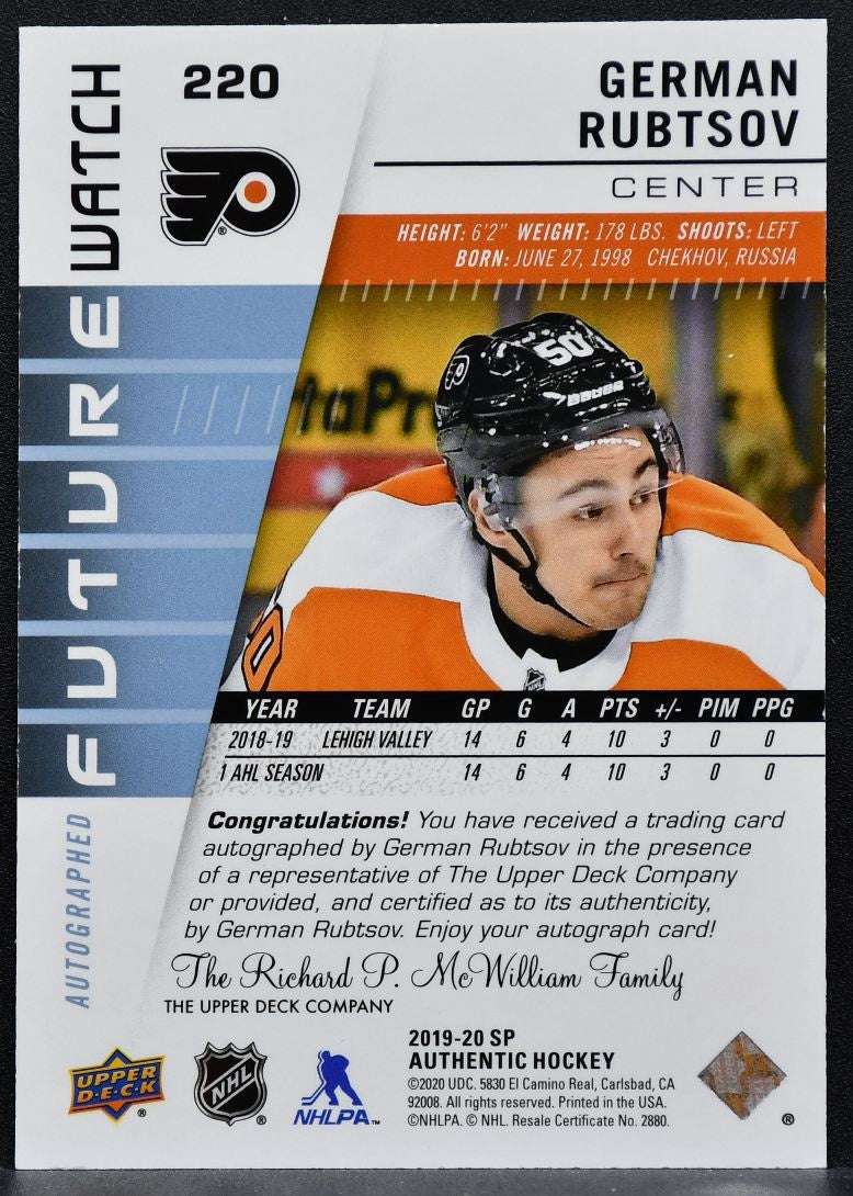 2019-20 SP Authentic Future Watch Auto German Rubtsov Flyers Auto 230/999 0170