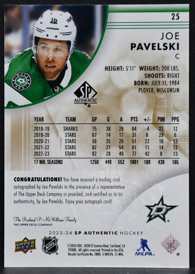 2023-24 SP Authentic Limited Auto Joe Pavelski 25 Dallas Stars Auto
