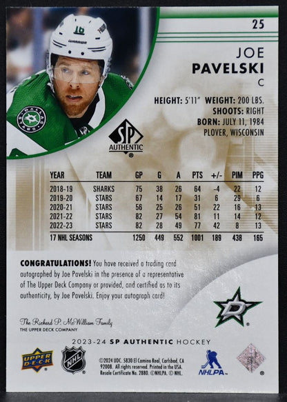 2023-24 SP Authentic Limited Auto Joe Pavelski 25 Dallas Stars Auto