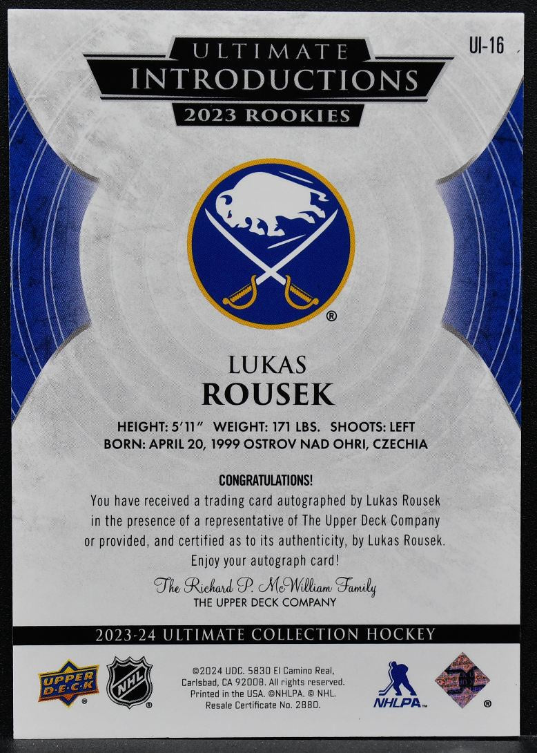 2023-24 Upper Deck Ultimate Collection Introductions Lukas Rousek RC Auto 9675