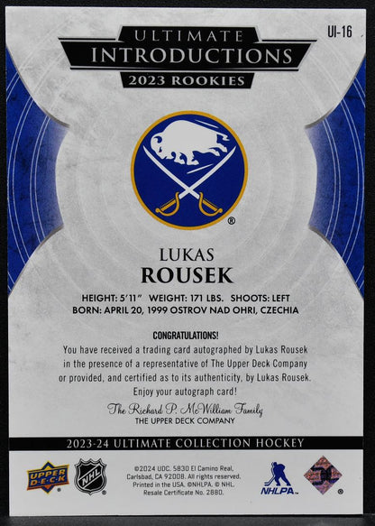 2023-24 Upper Deck Ultimate Collection Introductions Lukas Rousek RC Auto 9675