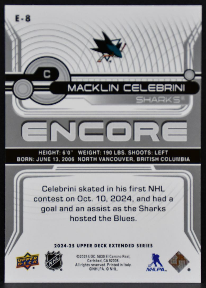 2024-25 Upper Deck Extended Series Encore Macklin Celebrini E-8 Sharks RC 6931