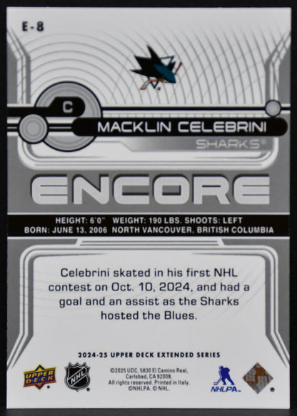 2024-25 Upper Deck Extended Series Encore Macklin Celebrini E-8 Sharks RC 6931