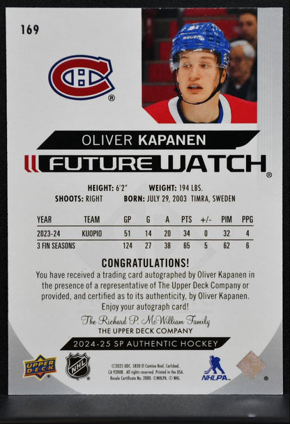 2024-25 SP Authentic Future Watch Auto Oliver Kapanen RC Auto 193/999 2829