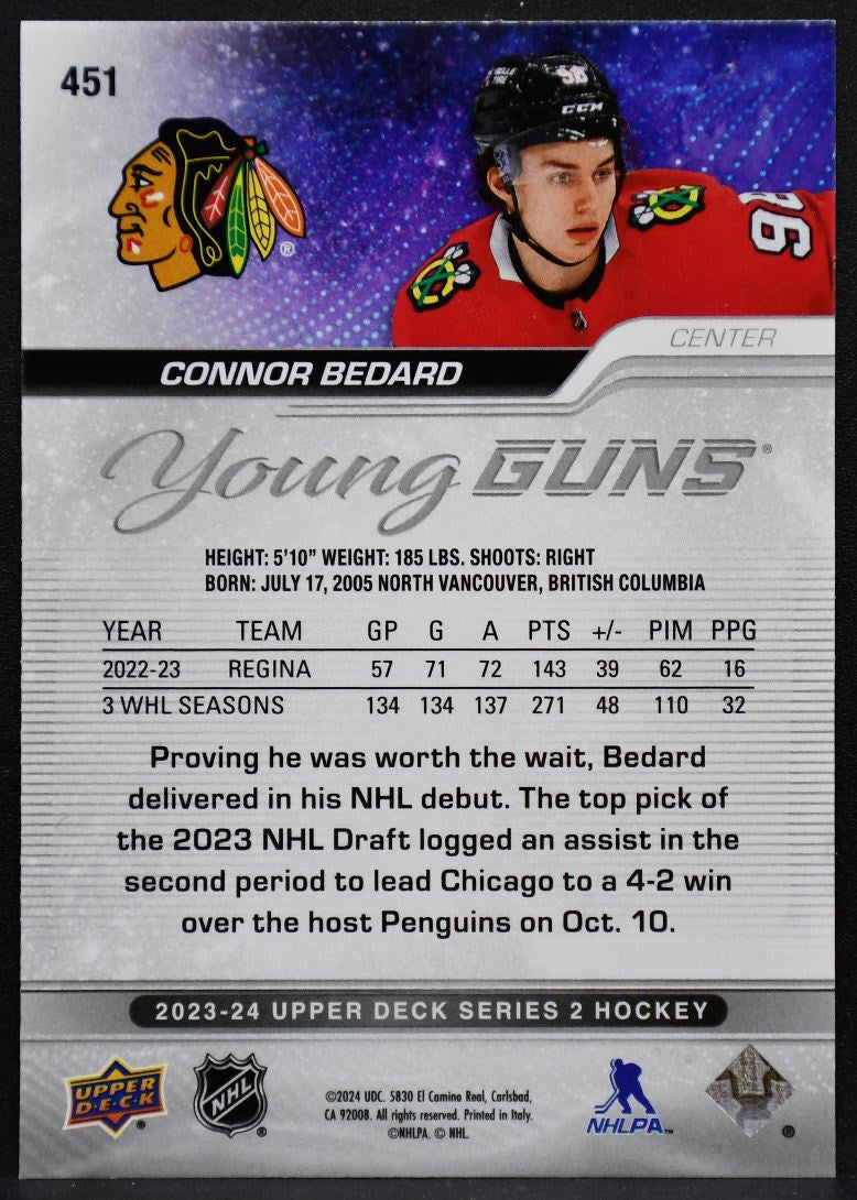 2023-24 Upper Deck Series 2 Young Guns Connor Bedard 451 Chicago Blackhawks RC 1892