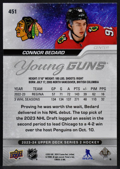 2023-24 Upper Deck Series 2 Young Guns Connor Bedard 451 Chicago Blackhawks RC 1892