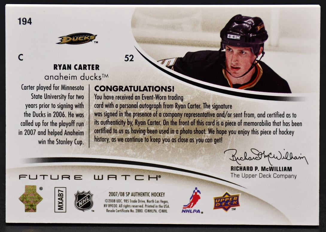 2007-08 SP Authentic Future Watch Auto Patch Carter 194 RC Auto 004/100