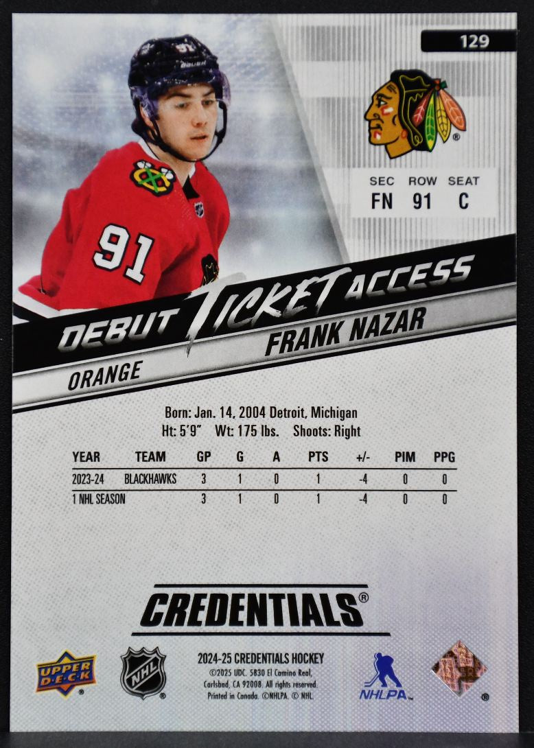 24-25 UD Credentials Debut Ticket Access Orange Frank Nazar Blackhawks RC /199 7283