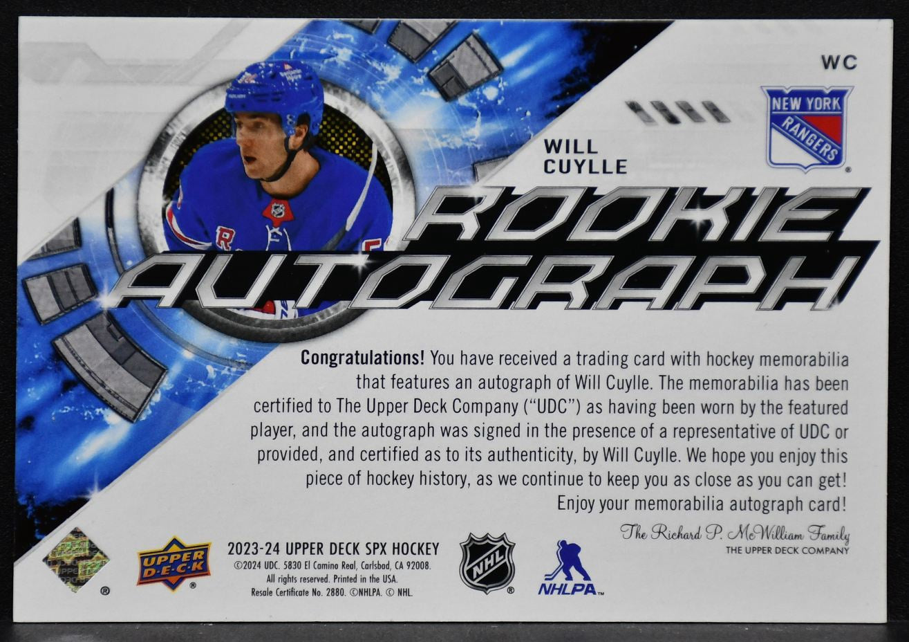 2023-24 SPx Rookie Autograph Jersey Spectrum Will Cuylle WC RC Auto 38/65 Jersey
