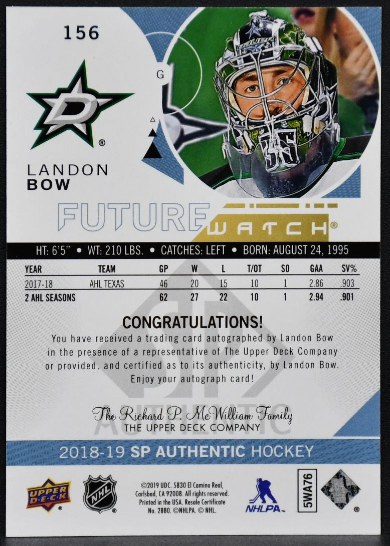 2018-19 SP Authentic Future Watch Autograph Landon Bow 156 RC Auto 798/999