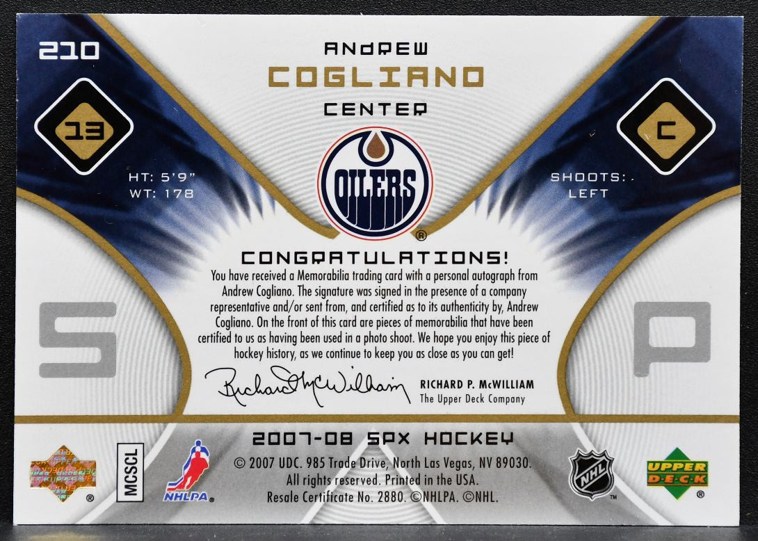 2007-08 SPx Rookie Jersey Andrew Cogliano 210 Oilers RC Auto 386/999 Jersey 7394